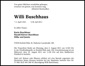 Traueranzeige von Willi Buschhaus von Tageszeitung