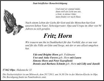 Traueranzeige von FritzqHorn Unbekannt von Tageszeitung