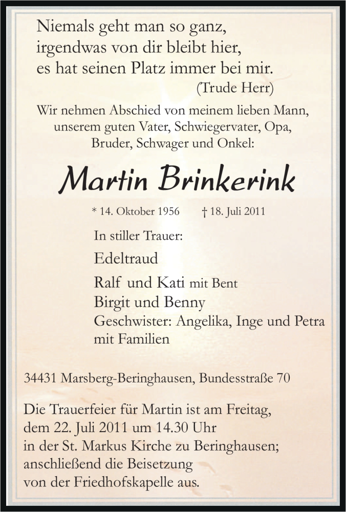  Traueranzeige für Martin Brinkerink vom 20.07.2011 aus Tageszeitung