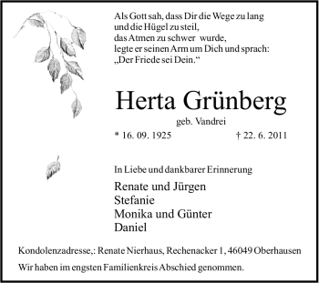 Traueranzeige von Herta Grünberg von Tageszeitung