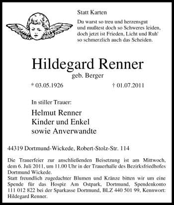 Traueranzeige von Hildegard Renner von Tageszeitung