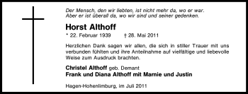 Traueranzeige von Horst Althoff von Tageszeitung