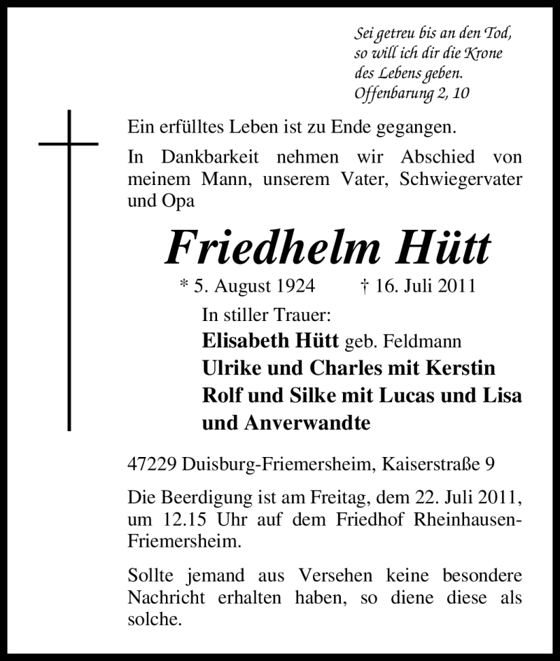 Traueranzeigen von Friedhelm Hütt TrauerinNRW.de