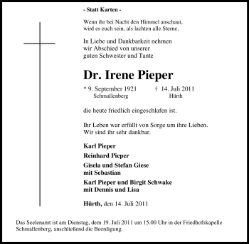 Traueranzeige von Irene Pieper von Tageszeitung