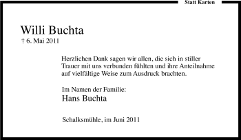 Traueranzeige von Willi Buchta von Tageszeitung