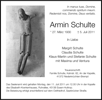 Traueranzeige von Armin Schulte von Tageszeitung