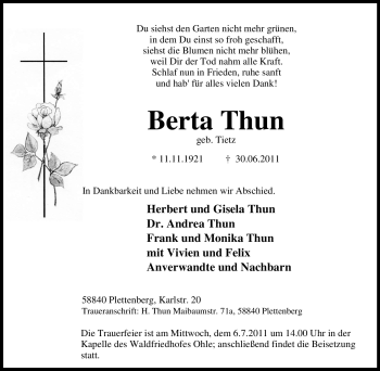 Traueranzeige von Berta Thun von Tageszeitung