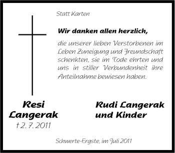 Traueranzeige von Resi Langerak von Tageszeitung