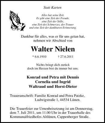 Traueranzeige von Walter Nielen von Tageszeitung
