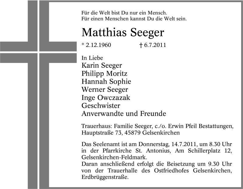  Traueranzeige für Matthias Seeger vom 09.07.2011 aus Tageszeitung