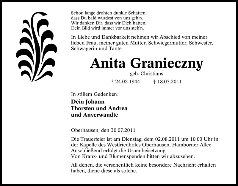  Traueranzeige für Anita Granieczny vom 30.07.2011 aus Tageszeitung