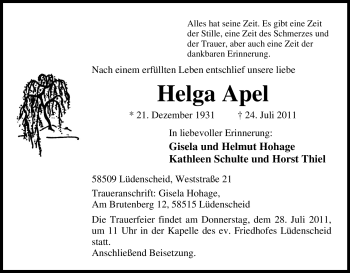 Traueranzeige von Helga Apel von Tageszeitung