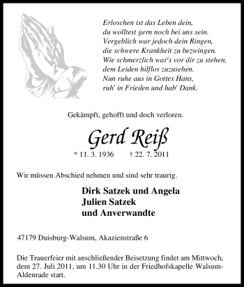 Traueranzeige von Gerd Reiß von Tageszeitung