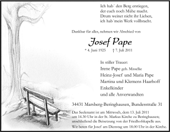 Traueranzeige von Josef Pape von Tageszeitung