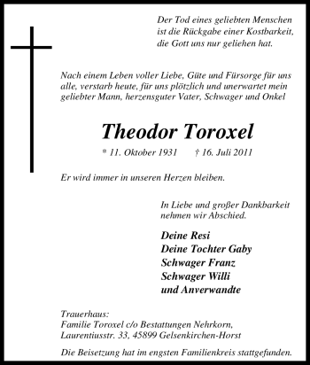 Traueranzeige von Theodor Toroxel von Tageszeitung