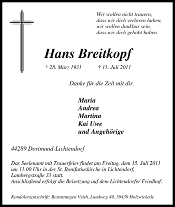 Traueranzeige von Hans Breitkopf von Tageszeitung