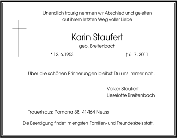 Traueranzeige von Karin Staufert von Tageszeitung