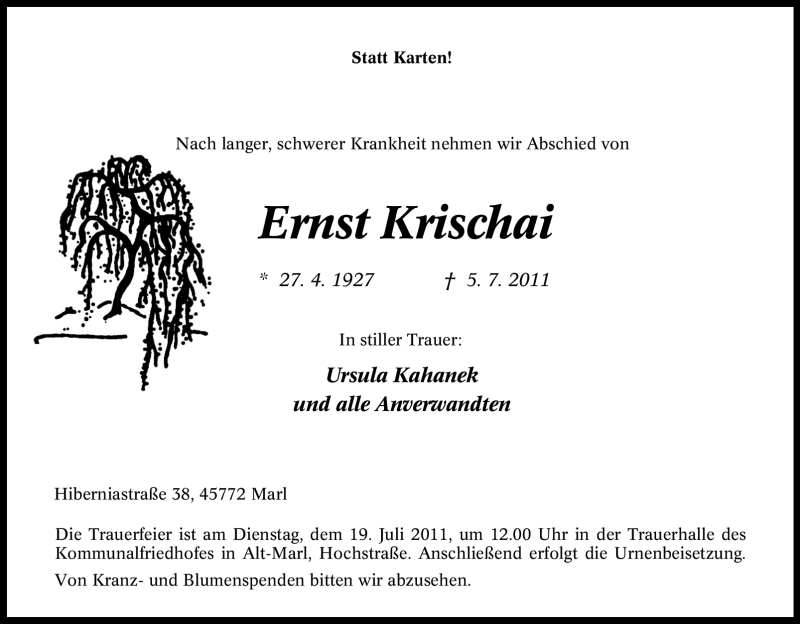  Traueranzeige für Ernst Krischai vom 14.07.2011 aus Tageszeitung