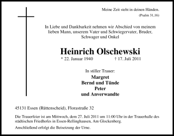 Traueranzeige von Heinrich Olschewski von Tageszeitung