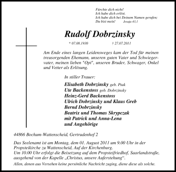 Traueranzeige von Rudolf Dobrzinsky von Tageszeitung