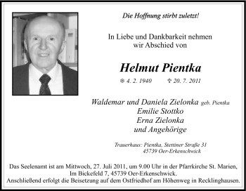 Traueranzeige von Helmut Pientka von Tageszeitung