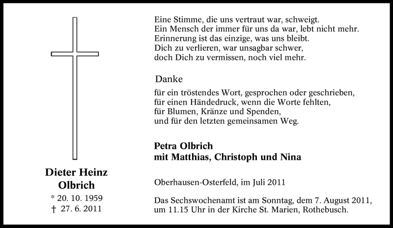  Traueranzeige für Dieter Heinz Olbrich vom 30.07.2011 aus Tageszeitung