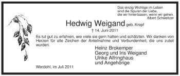 Traueranzeige von Hedwig Weigand von Tageszeitung