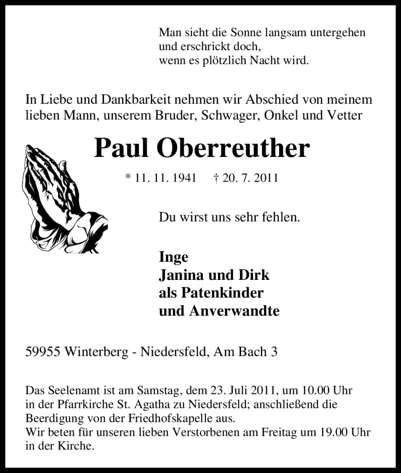  Traueranzeige für Paul Oberreuther vom 21.07.2011 aus Tageszeitung