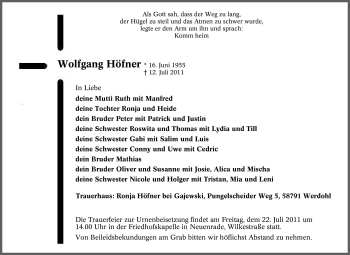 Traueranzeige von Wolfgang Höfner von Tageszeitung