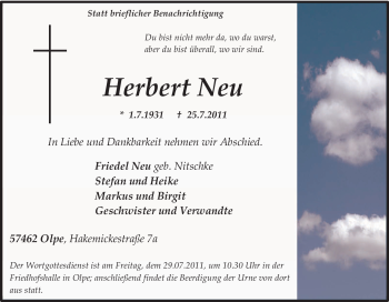 Traueranzeige von Herbert Neu von Tageszeitung
