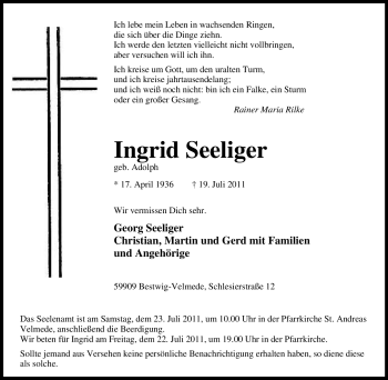 Traueranzeige von Ingrid Seeliger von Tageszeitung