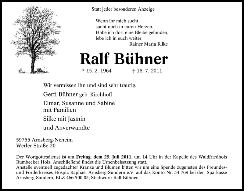  Traueranzeige für Ralf Bühner vom 20.07.2011 aus Tageszeitung