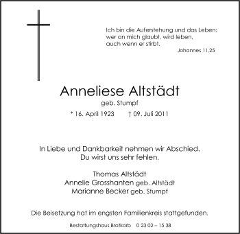 Traueranzeige von Anneliese Altstädt von Tageszeitung