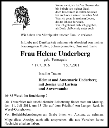 Traueranzeige von Helene Underberg von Tageszeitung