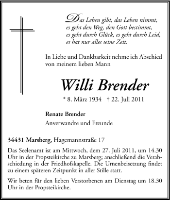 Traueranzeige von Willi Brender von Tageszeitung