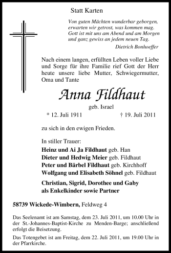 Traueranzeige von Anna Fildhaut von Tageszeitung