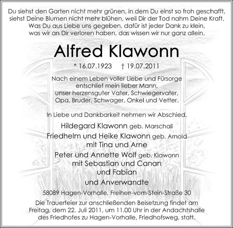  Traueranzeige für Alfred Klawonn vom 21.07.2011 aus Tageszeitung