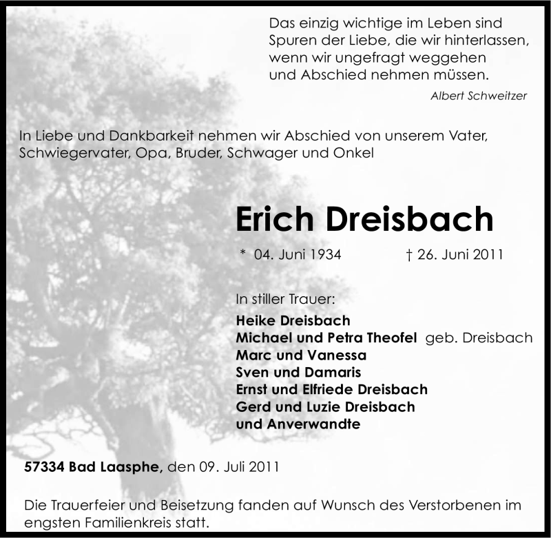  Traueranzeige für Erich Dreisbach vom 09.07.2011 aus Tageszeitung