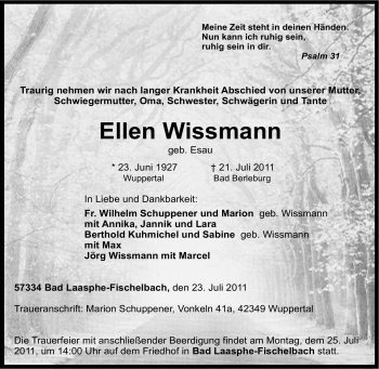 Traueranzeige von Ellen Wissmann von Tageszeitung