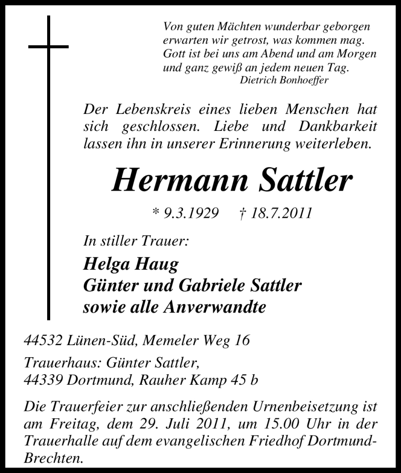  Traueranzeige für Hermann Sattler vom 23.07.2011 aus Tageszeitung