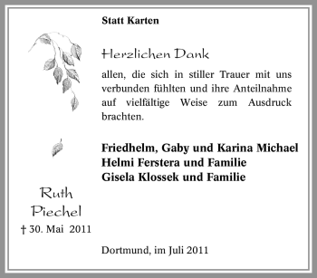 Traueranzeige von Ruth Piechel von Tageszeitung