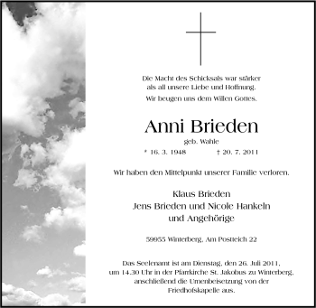Traueranzeige von Anni Brieden von Tageszeitung