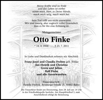 Traueranzeige von Otto Finke von Tageszeitung