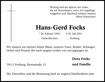 Traueranzeige von Hans-Gerd Focks von Tageszeitung