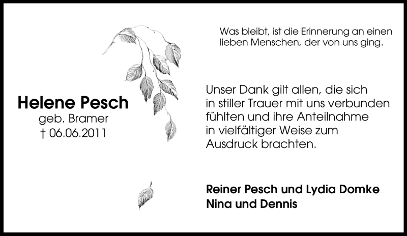  Traueranzeige für Helene Pesch vom 23.07.2011 aus Tageszeitung