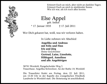 Traueranzeige von Else Appel von Tageszeitung