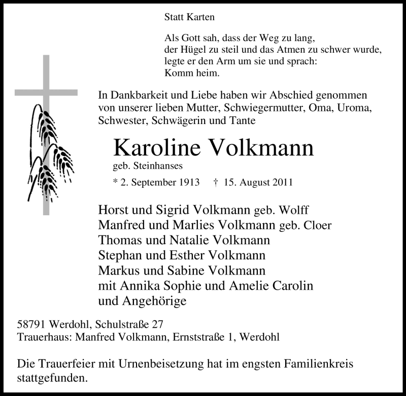  Traueranzeige für Karoline Volkmann vom 25.08.2011 aus Tageszeitung
