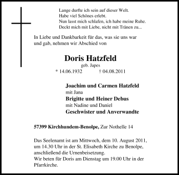 Traueranzeige von Doris Hatzfeld von Tageszeitung