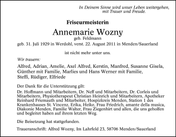 Traueranzeige von Annemarie Wozny von Tageszeitung