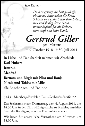 Traueranzeige von Gertrud Giller von Tageszeitung